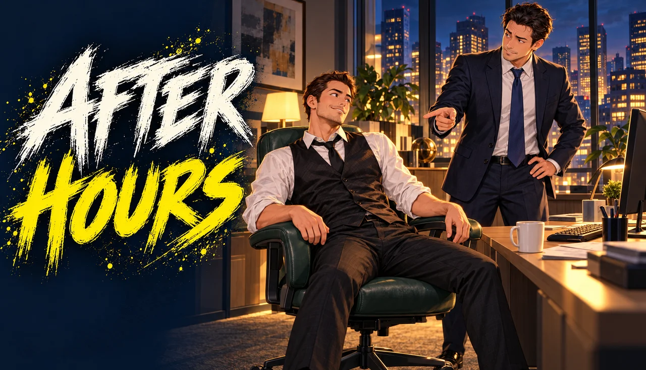 After Hours concept art: a man sits in the boss’s chair while the boss points at him.