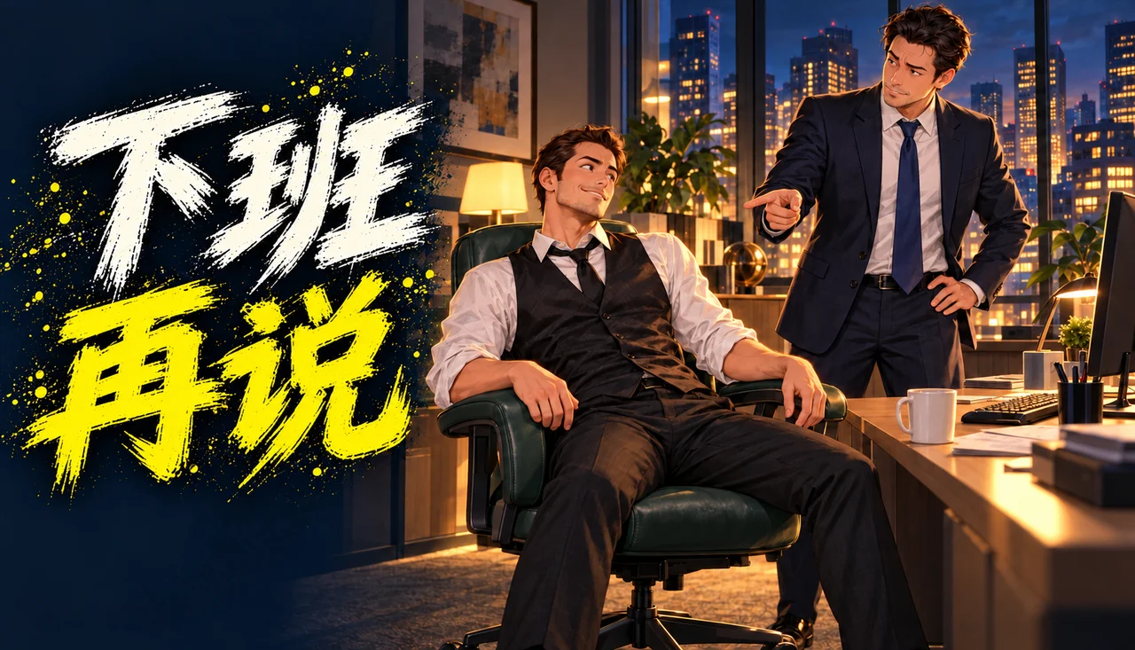 下班再说宣传概念图:男子坐在老板的椅子上,身旁的老板正指着他。