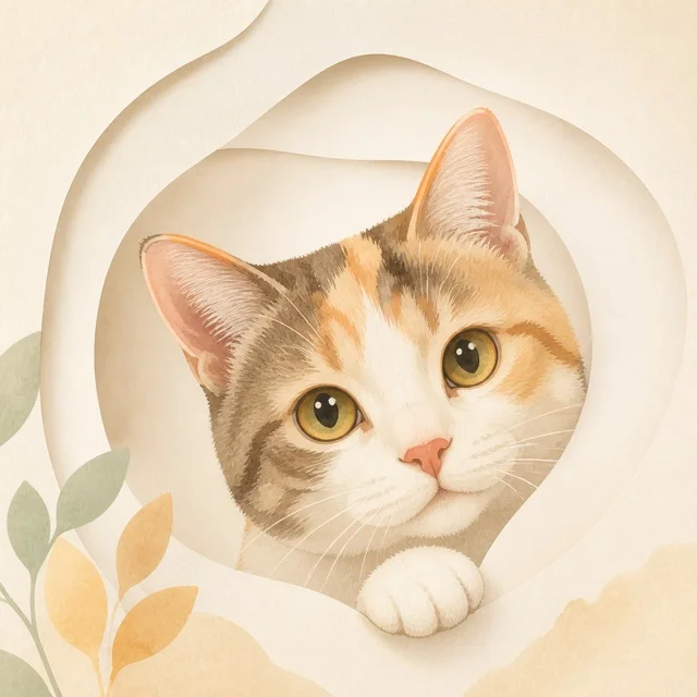 暖色纸艺花瓣中的三花猫插画